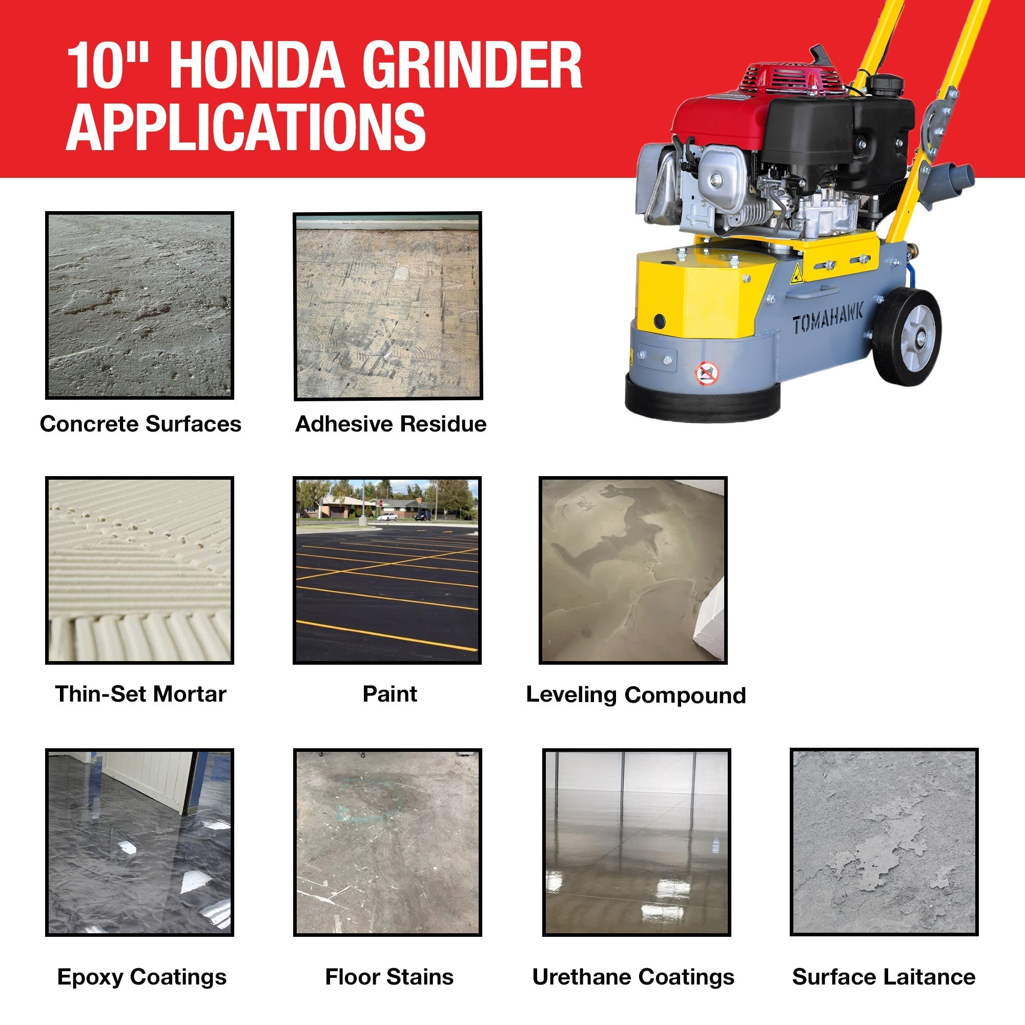 10" Honda Concrete Floor Grinder 10HP GXV390 Motor for Smoothing, Floor Prep, Coatings