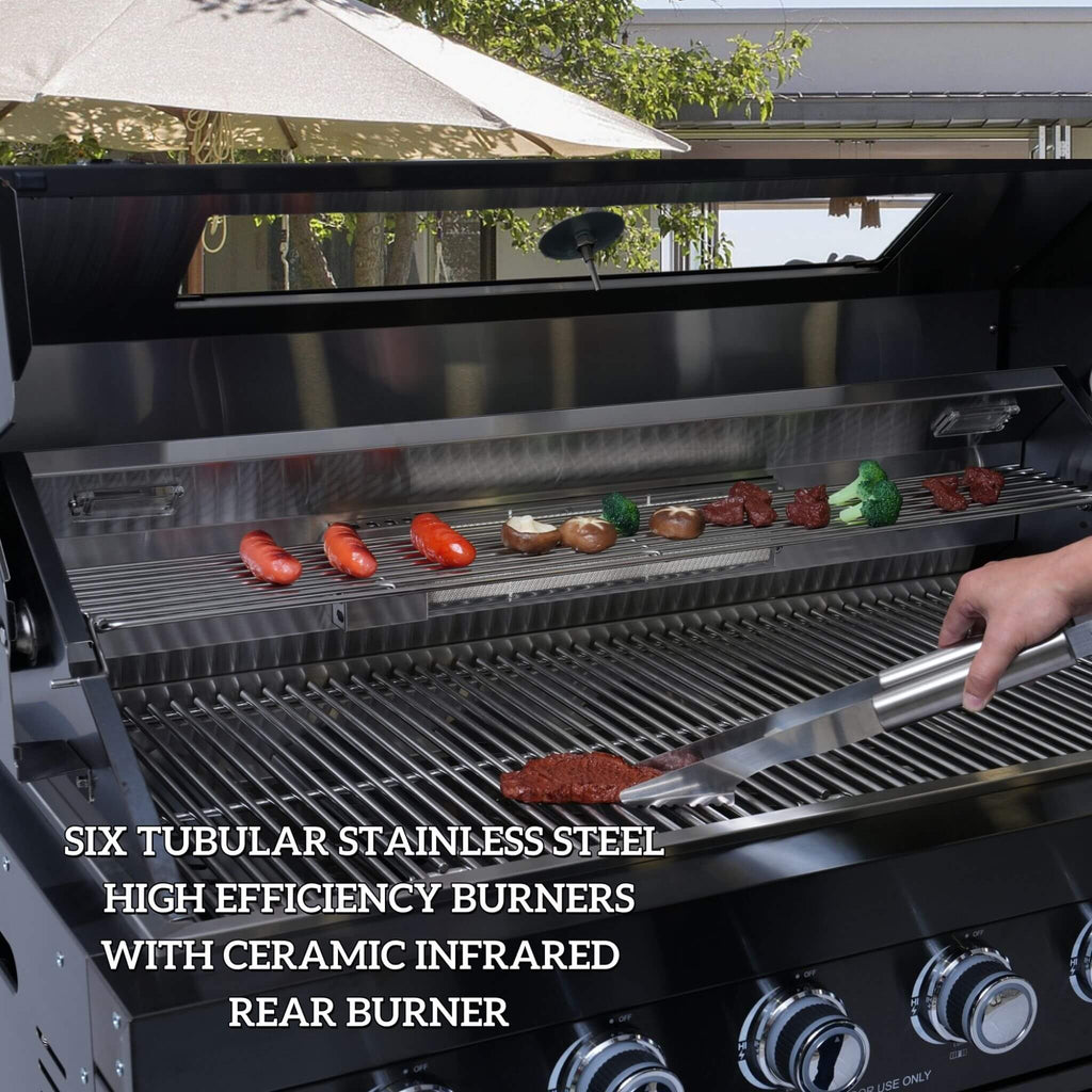 Castelle Flame 43-Inch 6-Burner 85K BTU Stainless Steel Outdoor BBQ Kitchen Island Grill With Wine Cooler, Rotisserie, And Sink (SAK19476)