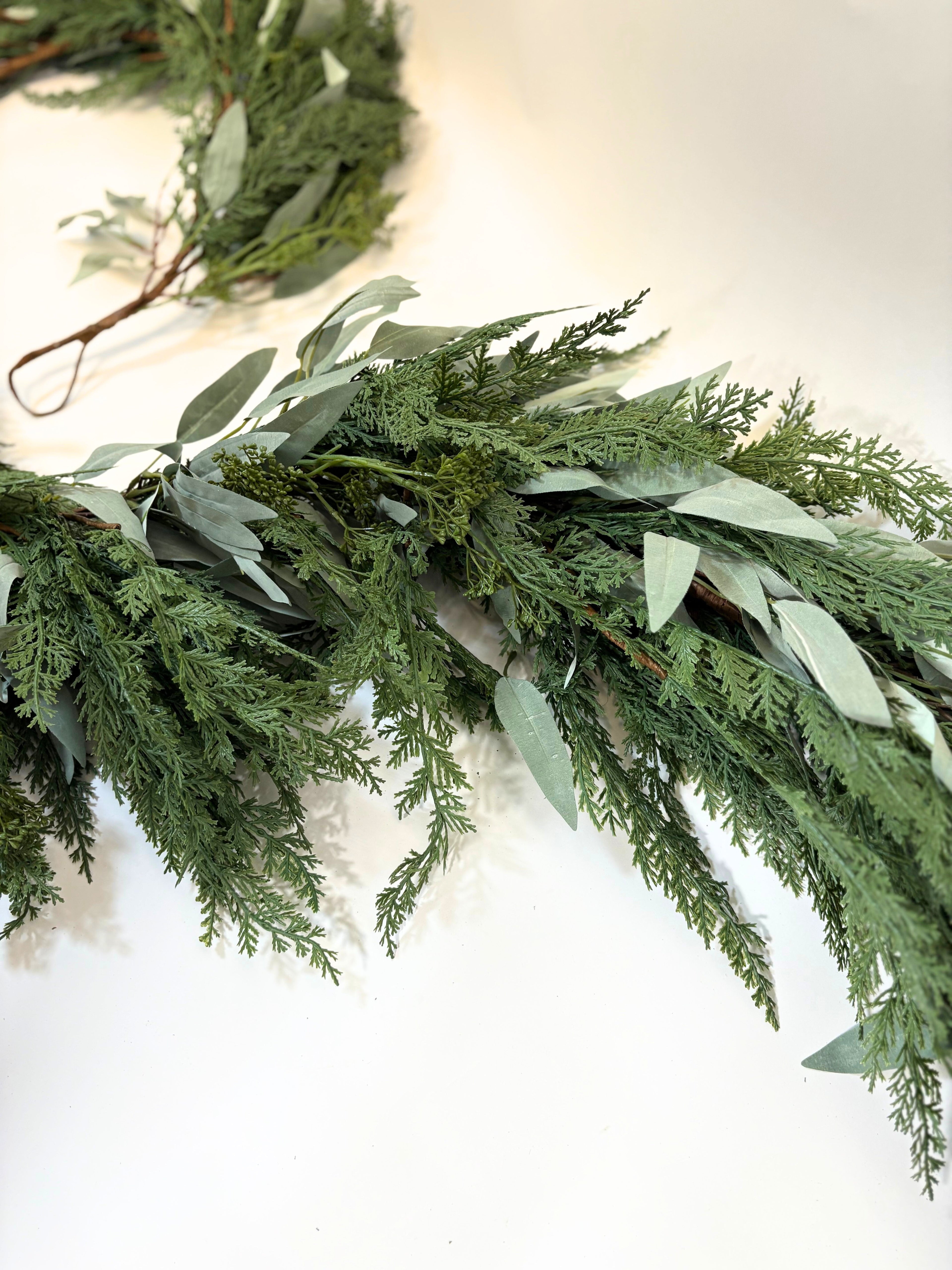 9’ Artificial Real-Touch Cedar and Long Leaf Eucalyptus Garland