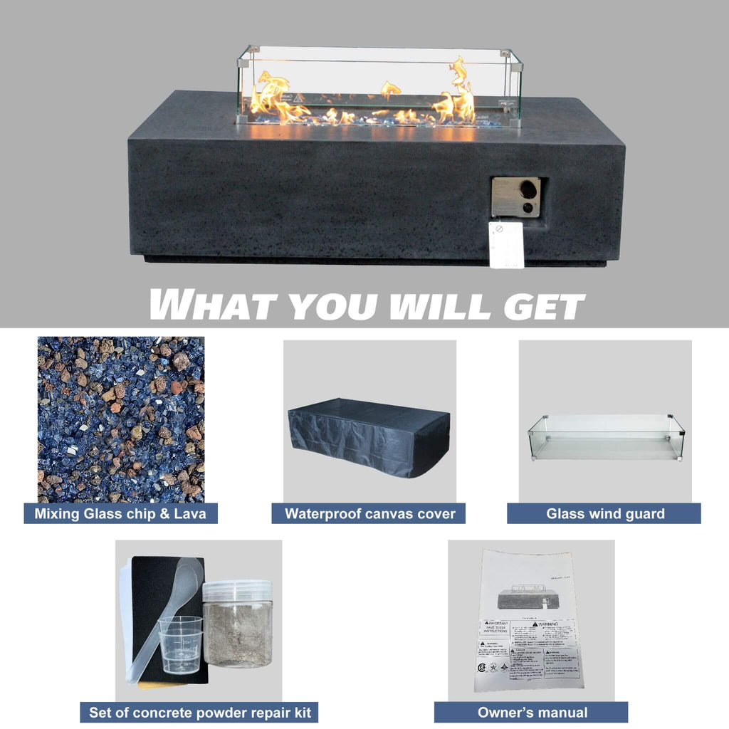 Alora 52-Inch Portable Concrete Rectangular Propane Fire Pit Table With Repair Kit (SAK52304)