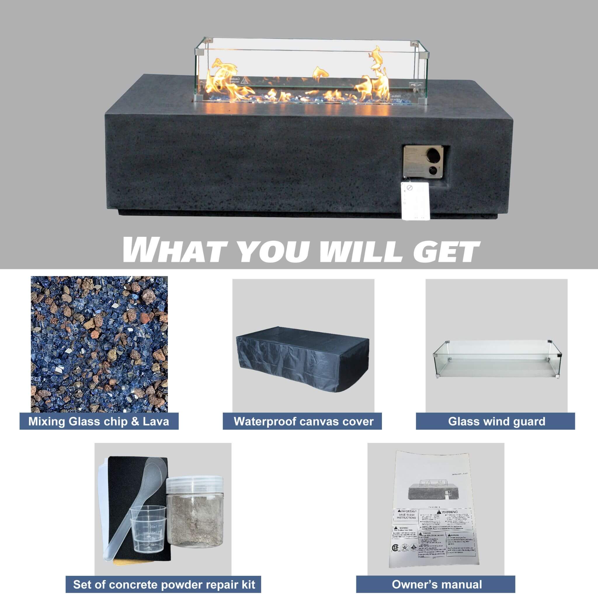 Alora 52-Inch Portable Concrete Rectangular Propane Fire Pit Table With Repair Kit (SAK52304)