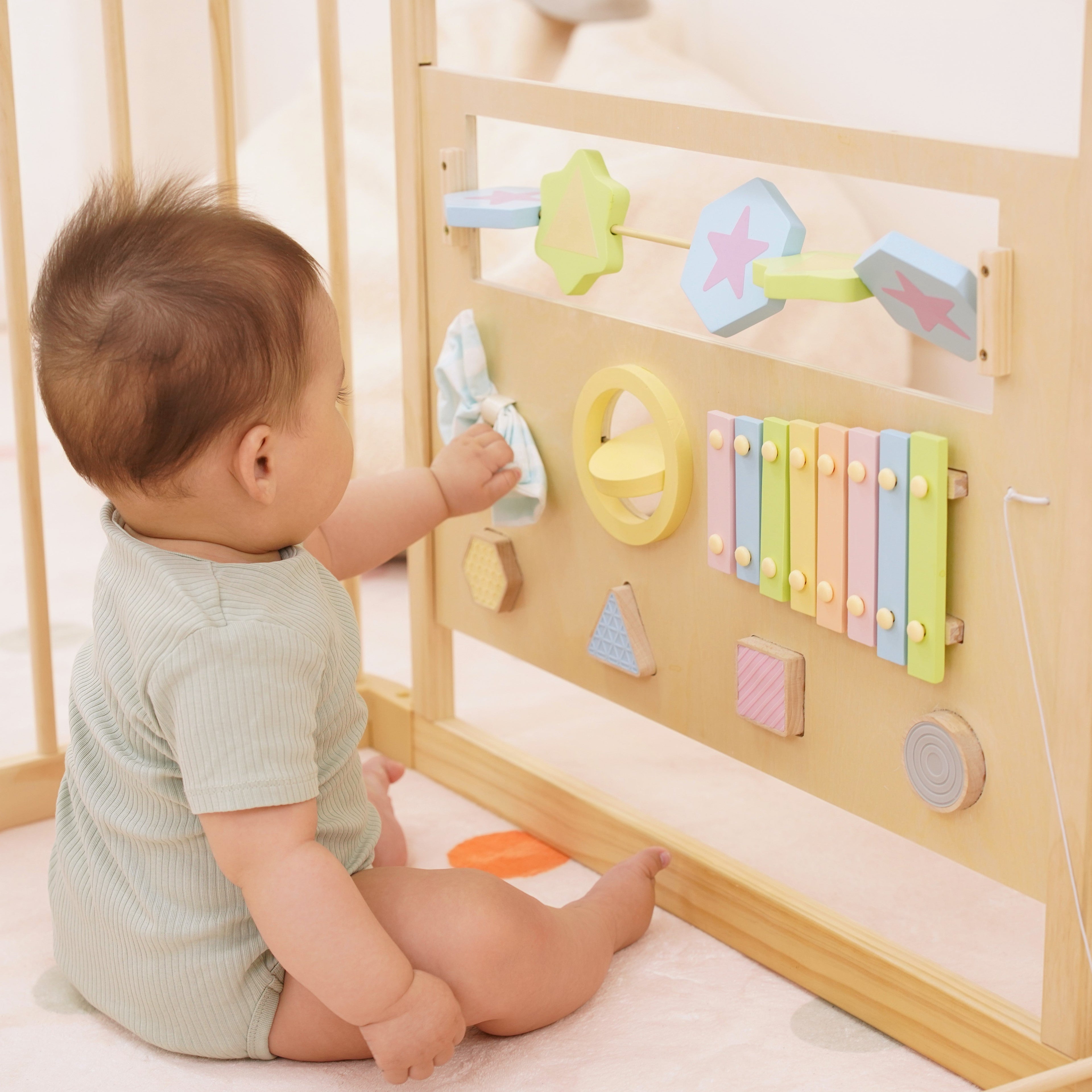 Wooden Baby Playpen with Sensory Activity Panels – 63" x 63" Square, Foldable Indoor Play Yard with Montessori Toys