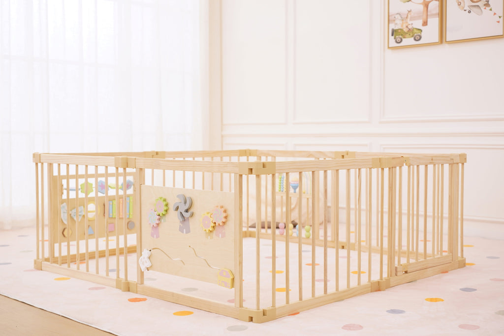 Wooden Baby Playpen with Sensory Activity Panels – 63" x 63" Square, Foldable Indoor Play Yard with Montessori Toys