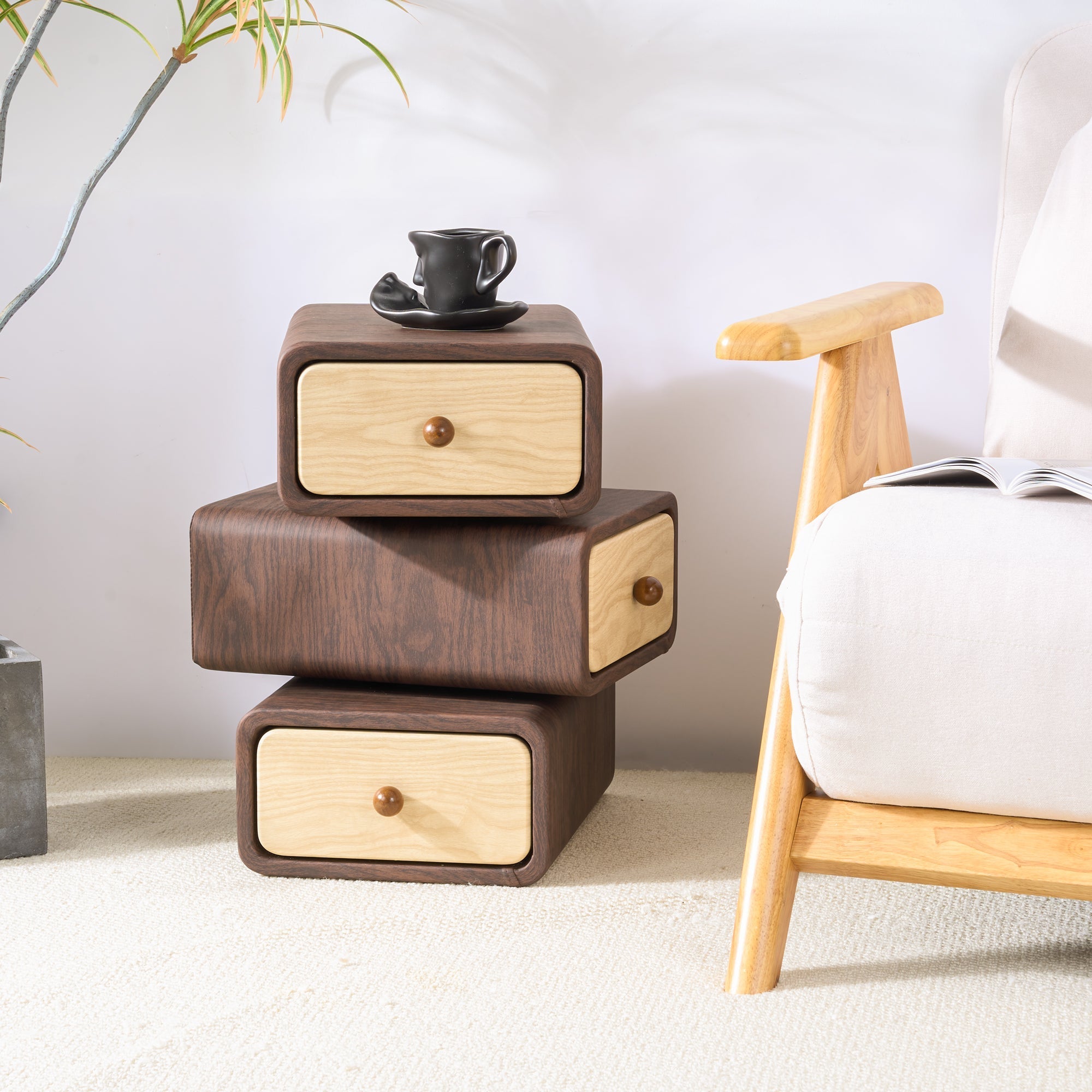 Rotatable 3-Tier Drawer Storage Cabinet, Wooden Stackable Nightstand with Drawers for Bedroom, Living Room Organization