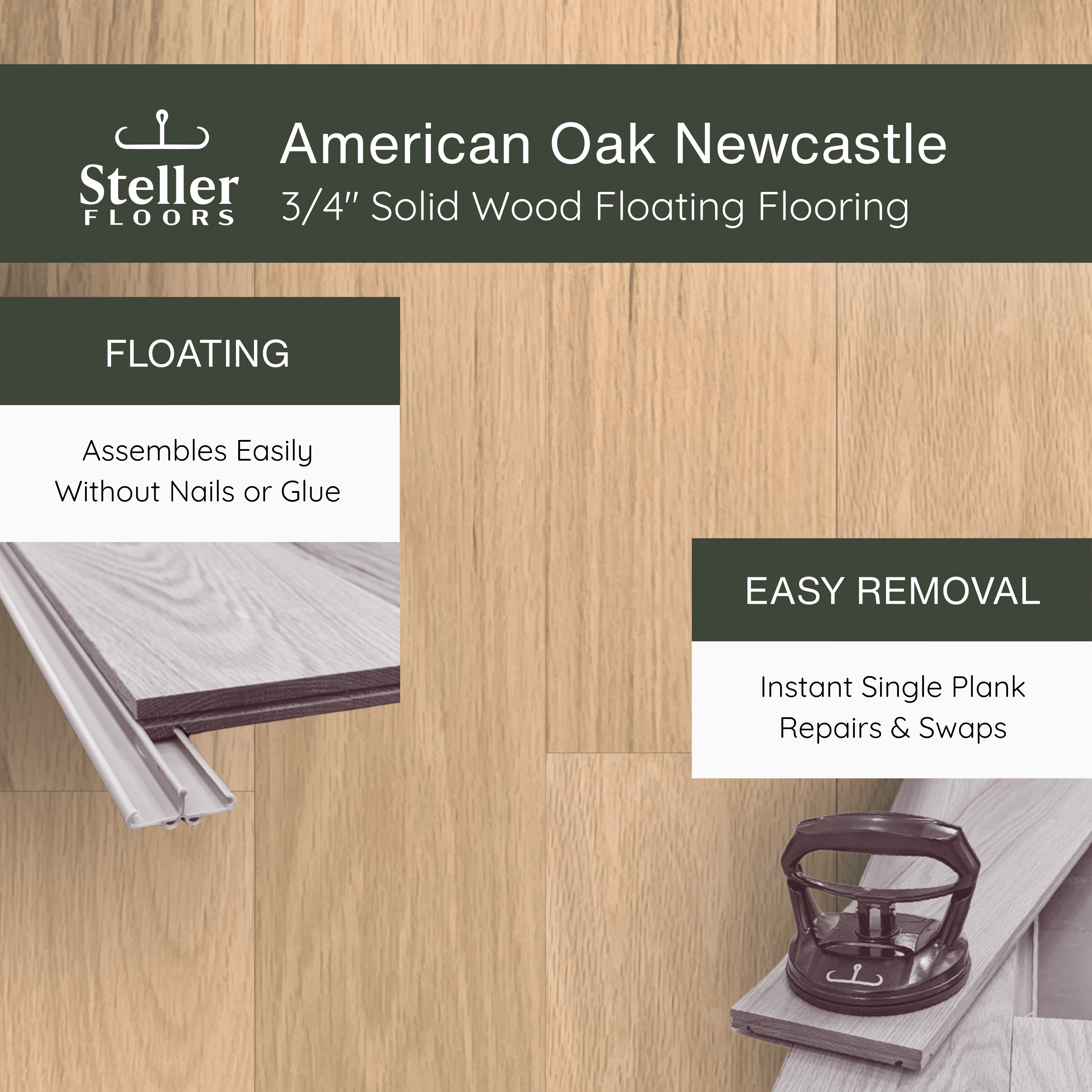American Oak Newcastle by Steller Floors - 3/4" Solid Wood Floating System & Free Shipping