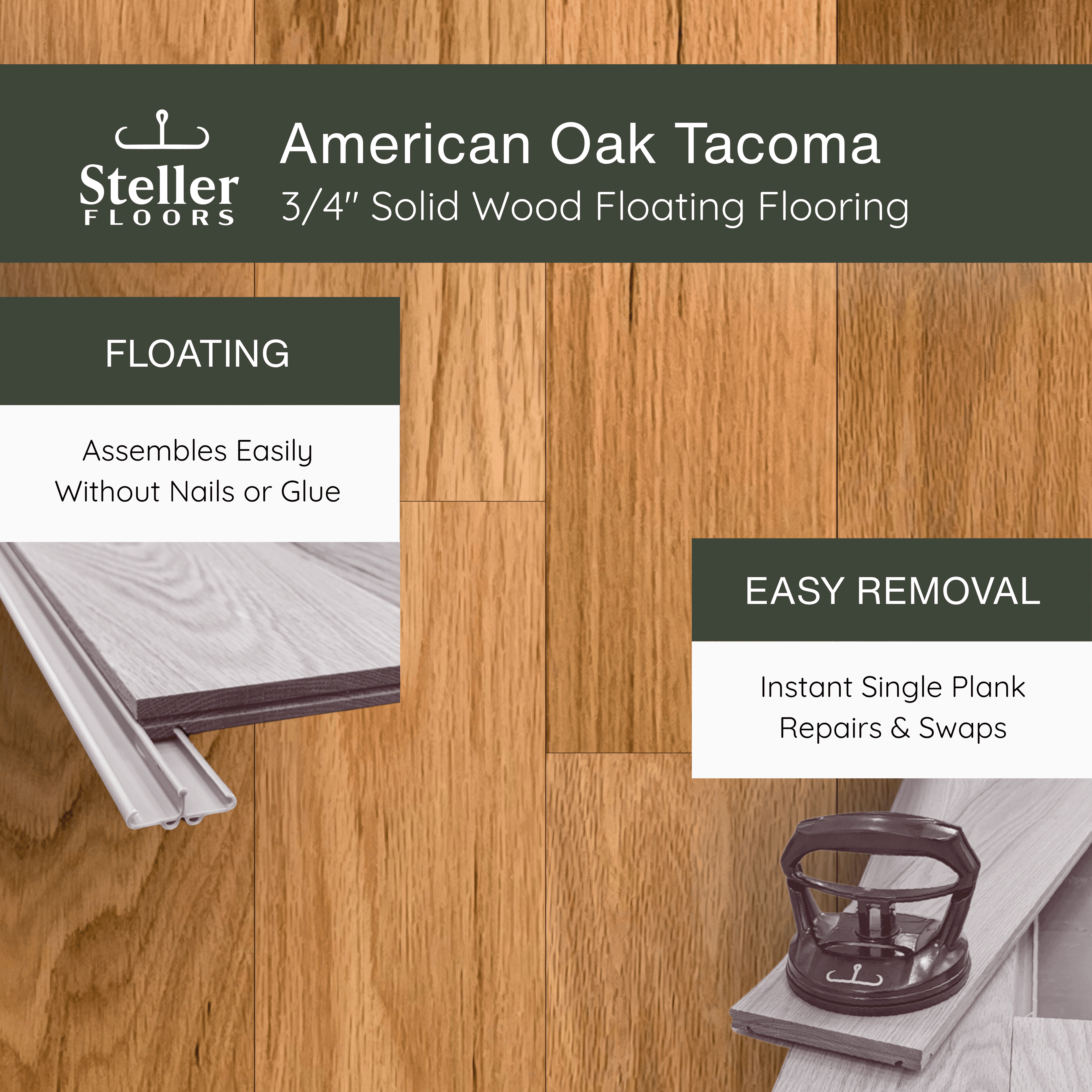 American Oak Tacoma by Steller Floors - 3/4" Solid Wood Floating System & Free Shipping