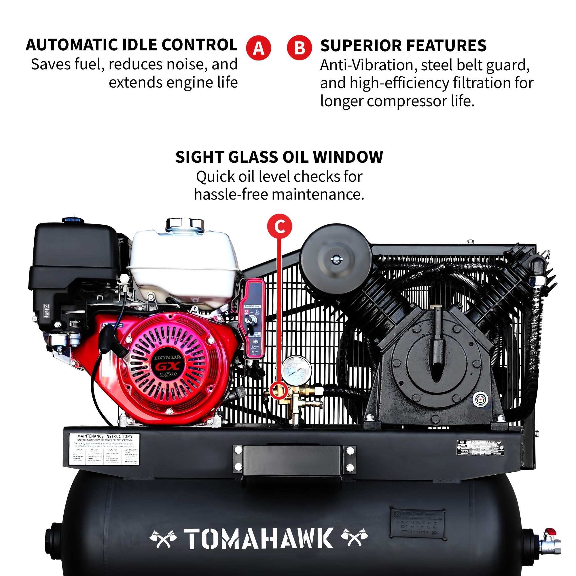 30 Gallon Air Compressor 13HP Honda GX390 Engine Horizontal Tank 24.4 CFM @ 90 PSI Gas-Powered