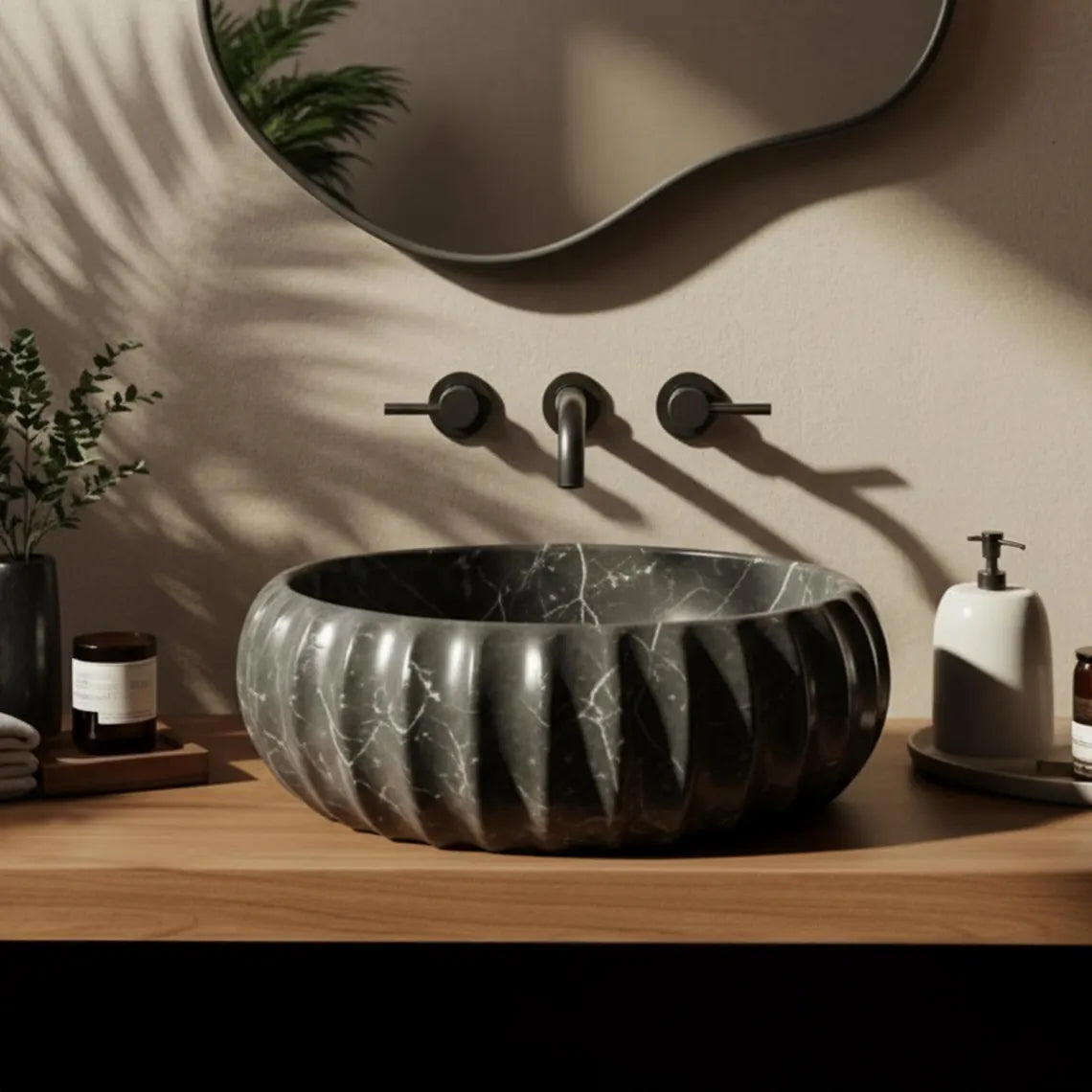 Toros Black Natural Stone Marble Above Vanity Bathroom Sink Fluted (D)16" (H)6"
