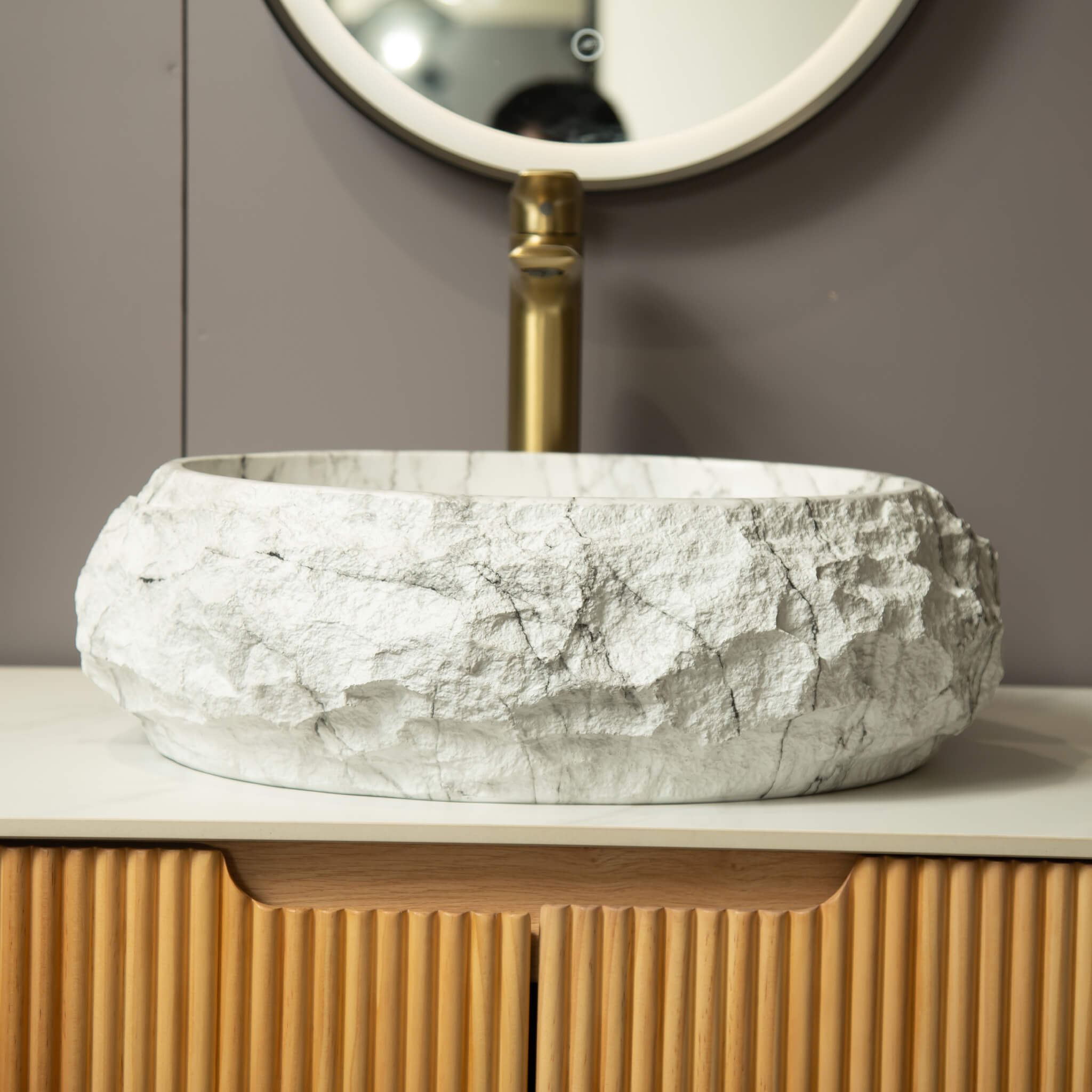 Alora 18-Inch Ivory Oval Bathroom Resin Vessel Basin Sink With Stone Pattern (SAK79130)