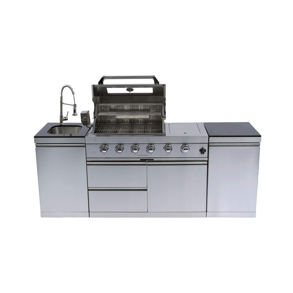 Castelle Flame Stainless Steel Outdoor BBQ Kitchen Island With 46-Inch 4-Burner 85K BTU Grill, Rotisserie Kit, And Cabinets (SAK93192)