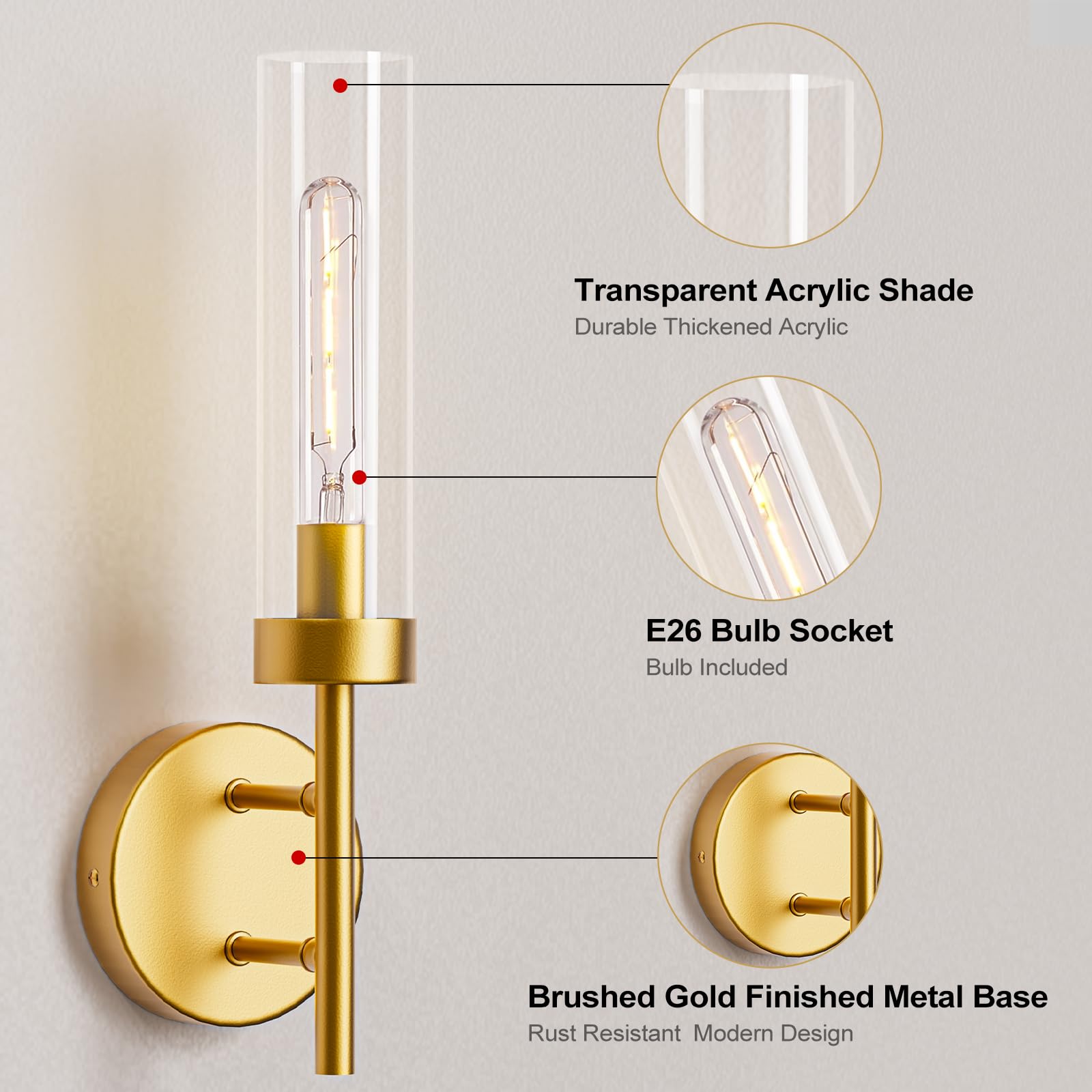Gold Hardwired Wall Sconces Set of 2, Modern Bathroom Vanity Sconces Wall Lighting
