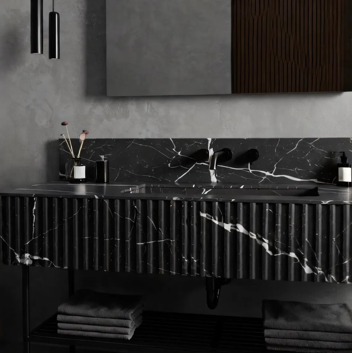 Toros Black Marble Wall-mount Bathroom Vanity Sink Fluted (W)16" (L)50" (H)10"