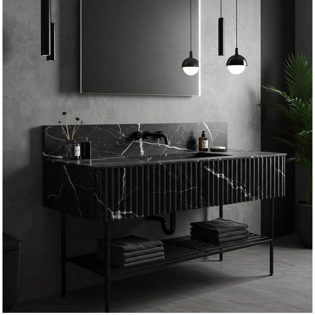 Toros Black Marble Wall-mount Bathroom Vanity Sink Fluted (W)16" (L)50" (H)10"